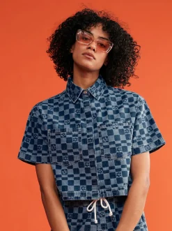 Roxy T-Shirts & Tops*Blue Wave Club Printed - Denim Overhemd Met Korte Mouw Voor Dames Mood Indigo Sol Power
