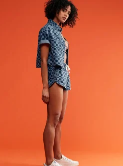 Roxy T-Shirts & Tops*Blue Wave Club Printed - Denim Overhemd Met Korte Mouw Voor Dames Mood Indigo Sol Power