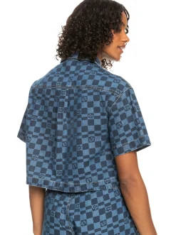 Roxy T-Shirts & Tops*Blue Wave Club Printed - Denim Overhemd Met Korte Mouw Voor Dames Mood Indigo Sol Power
