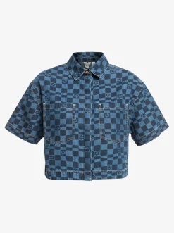 Roxy T-Shirts & Tops*Blue Wave Club Printed - Denim Overhemd Met Korte Mouw Voor Dames Mood Indigo Sol Power