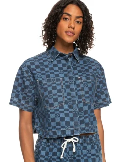 Roxy T-Shirts & Tops*Blue Wave Club Printed - Denim Overhemd Met Korte Mouw Voor Dames Mood Indigo Sol Power