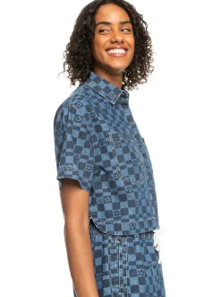 Roxy T-Shirts & Tops*Blue Wave Club Printed - Denim Overhemd Met Korte Mouw Voor Dames Mood Indigo Sol Power