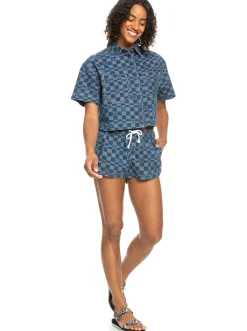 Roxy T-Shirts & Tops*Blue Wave Club Printed - Denim Overhemd Met Korte Mouw Voor Dames Mood Indigo Sol Power