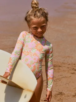 Roxy Surf*Happiness Feeling - Long Sleeve One-Piece Rashguard For Girls 2-7 Mock Orange Piece Of Paradise