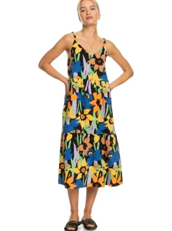 Roxy Jurken*Waiting Line Printed - Halflange Jurk Voor Dames Anthracite Flower Jammin